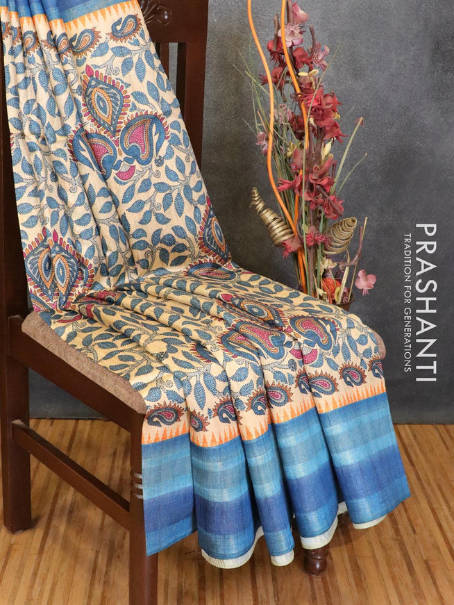 Chappa saree sandal and blue with allover floral prints and woven border - {{ collection.title }} by Prashanti Sarees