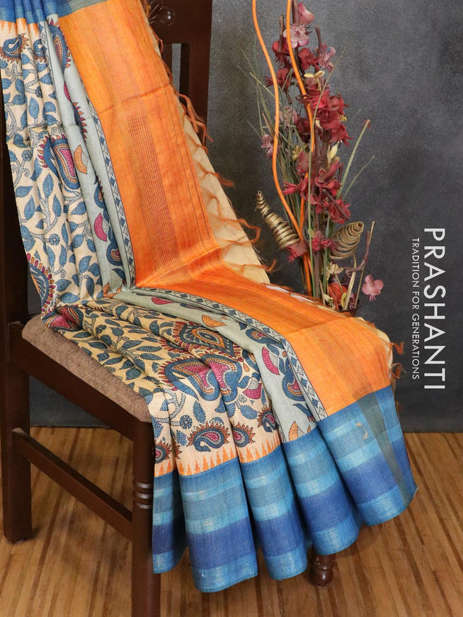 Chappa saree sandal and blue with allover floral prints and woven border - {{ collection.title }} by Prashanti Sarees