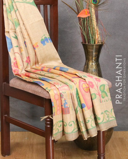 Chappa saree sandal and chikku shade with allover zari weave & floral prints and simple border - {{ collection.title }} by Prashanti Sarees
