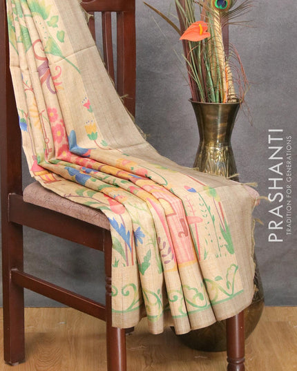 Chappa saree sandal and chikku shade with allover zari weave & floral prints and simple border - {{ collection.title }} by Prashanti Sarees