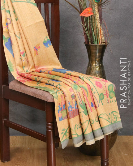 Chappa saree sandal and grey with allover zari weave & floral prints and simple border - {{ collection.title }} by Prashanti Sarees