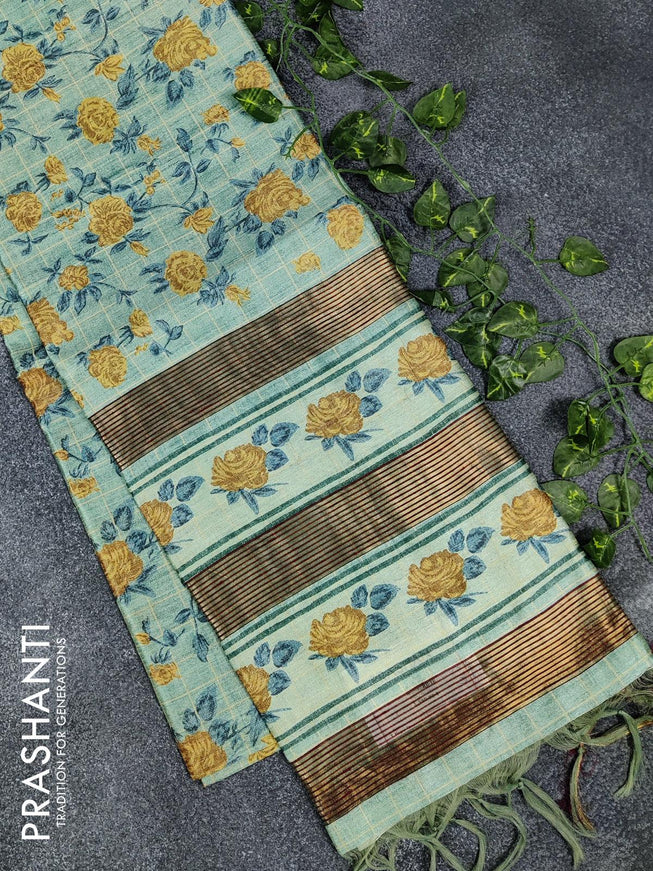 Chappa saree teal green shade with allover floral prints and zari woven border - {{ collection.title }} by Prashanti Sarees