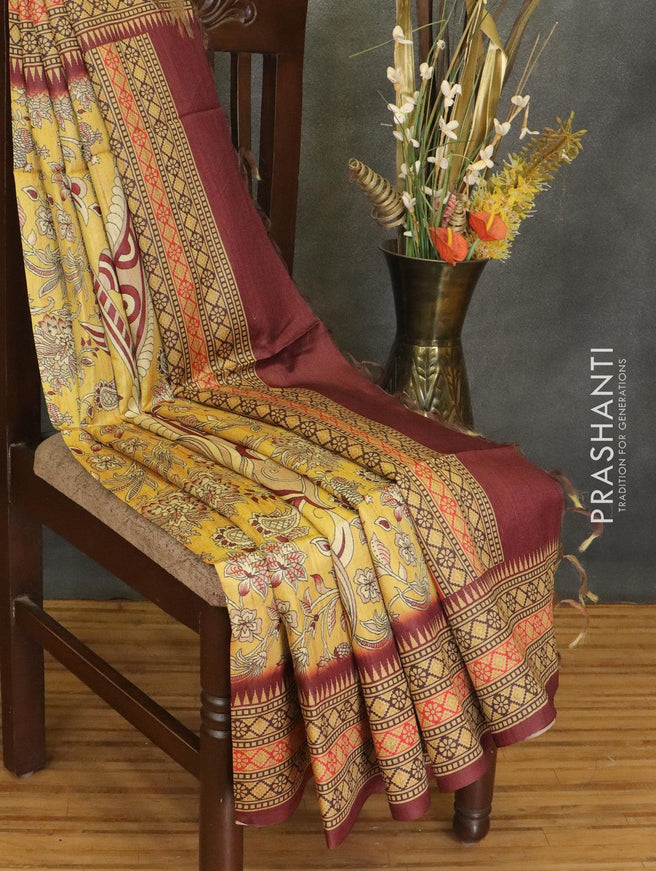 Chappa saree yellow shade and deep maroon with allover kalamkari prints and printed border - {{ collection.title }} by Prashanti Sarees