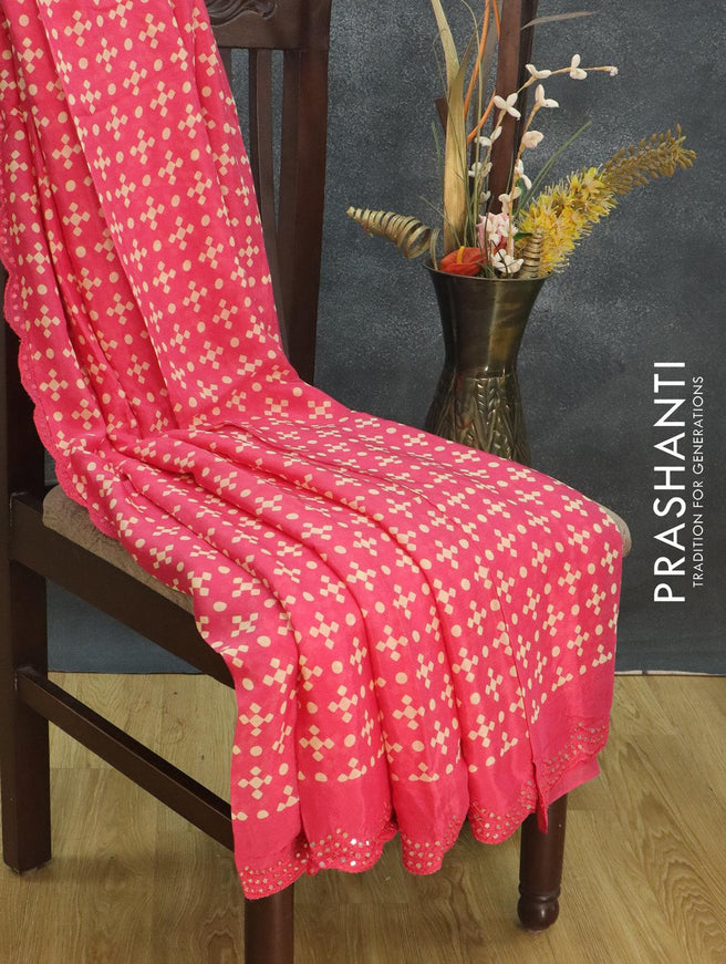 Chinon silk saree peach pink with allover prints and mirror work border - {{ collection.title }} by Prashanti Sarees