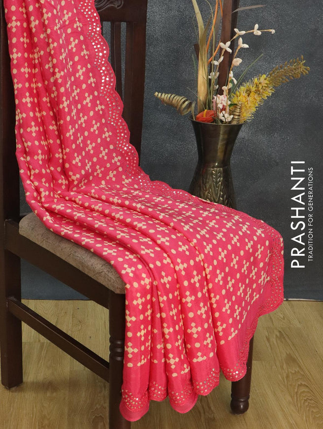 Chinon silk saree peach pink with allover prints and mirror work border - {{ collection.title }} by Prashanti Sarees