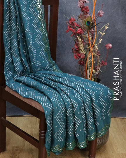 Chinon silk saree peacock green with allover bandhani prints and mirror work border - {{ collection.title }} by Prashanti Sarees