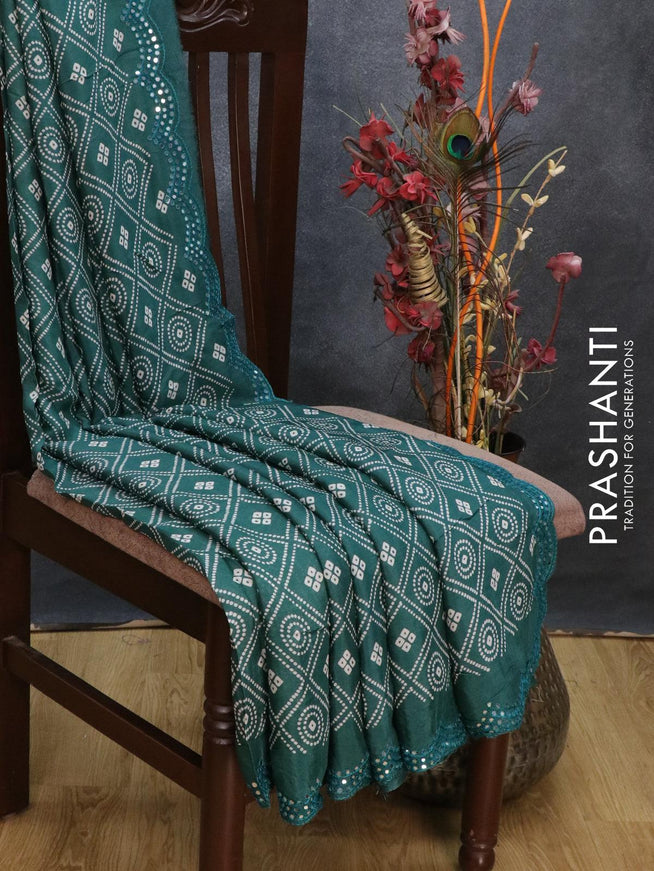 Chinon silk saree peacock green with allover bandhani prints and mirror work border - {{ collection.title }} by Prashanti Sarees