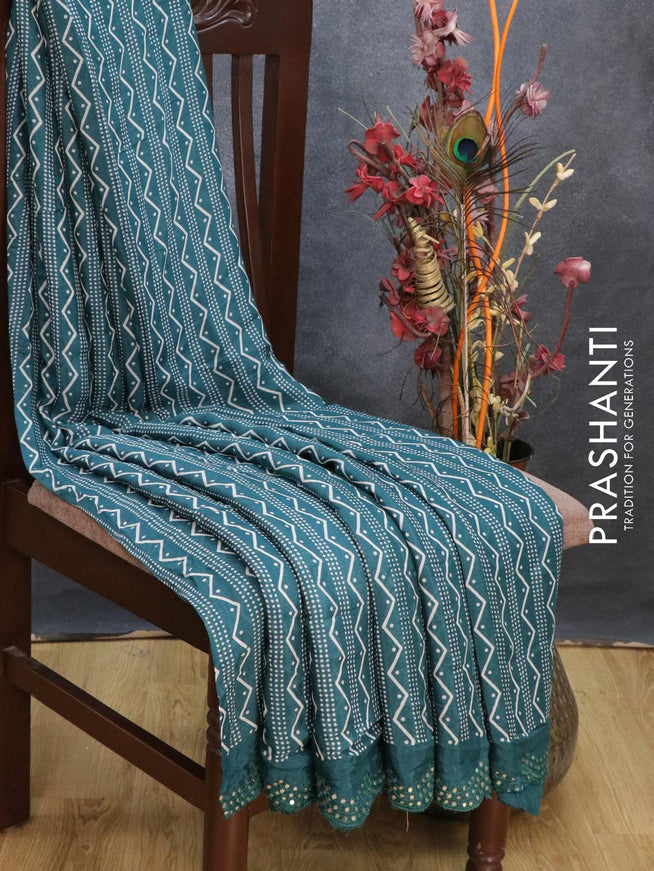Chinon silk saree peacock green with allover prints and mirror work border - {{ collection.title }} by Prashanti Sarees