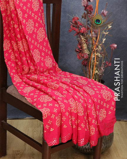 Chinon silk saree reddish pink with allover bandhani prints and mirror work border - {{ collection.title }} by Prashanti Sarees