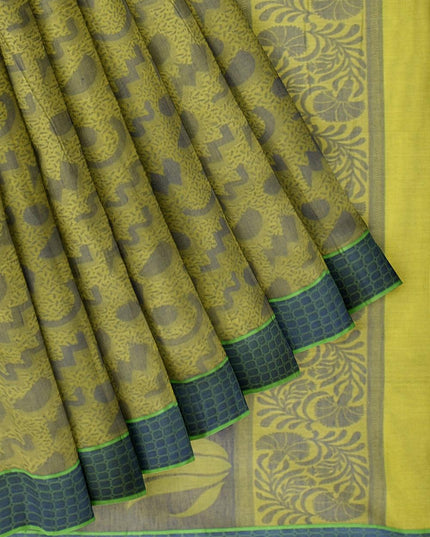 Coimbatore Cotton Allself Saree - Lime Green with Blue Shade - {{ collection.title }} by Prashanti Sarees