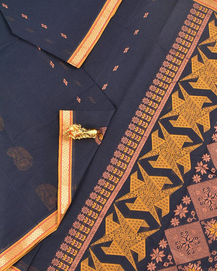 Coimbatore Cotton Black Saree with Copper Zari and Thread Woven Buttas and Simple Zari Border - {{ collection.title }} by Prashanti Sarees