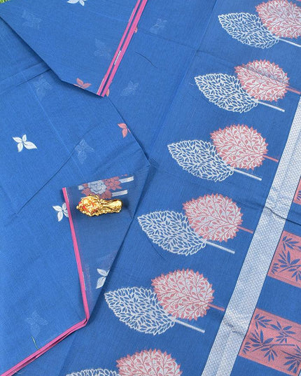 Coimbatore Cotton Blue Saree with Copper and Silver Zari Woven Buttas and Borderless Style - {{ collection.title }} by Prashanti Sarees