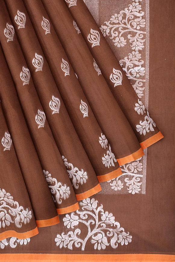 Coimbatore Cotton Brown Color Saree with Silver Zari Woven Buttas - {{ collection.title }} by Prashanti Sarees