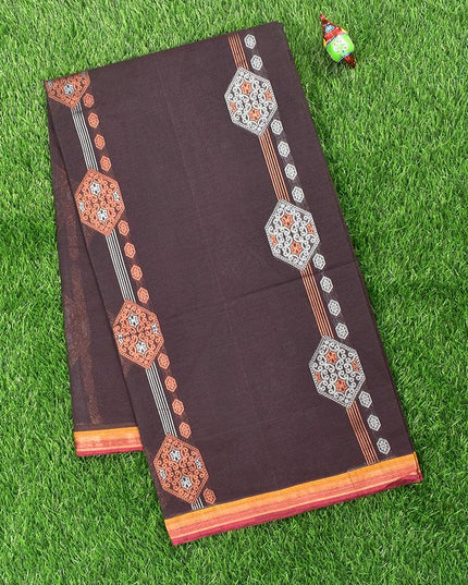 Coimbatore Cotton Brown Saree with Copper and Silver Zari Woven Buttas and Simple Border - {{ collection.title }} by Prashanti Sarees