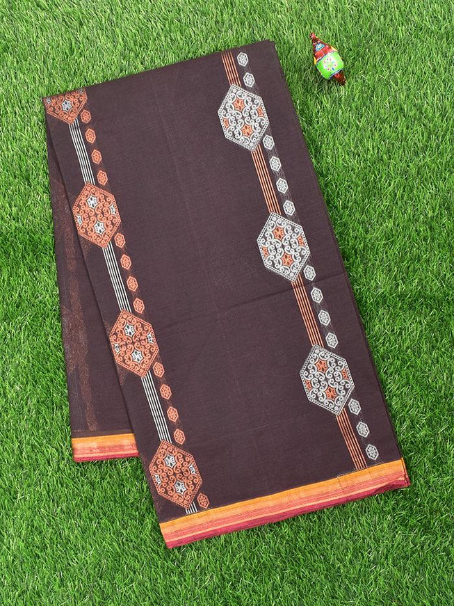 Coimbatore Cotton Brown Saree with Copper and Silver Zari Woven Buttas and Simple Border - {{ collection.title }} by Prashanti Sarees