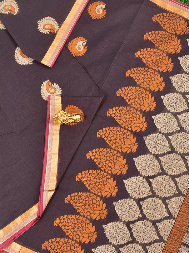 Coimbatore Cotton Brown Saree with Thread Woven Buttas and Simple Border - {{ collection.title }} by Prashanti Sarees
