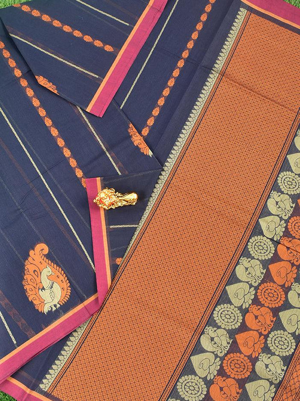 Coimbatore Cotton Dark Blue Saree with Thread Woven Buttas and Simple Border - {{ collection.title }} by Prashanti Sarees
