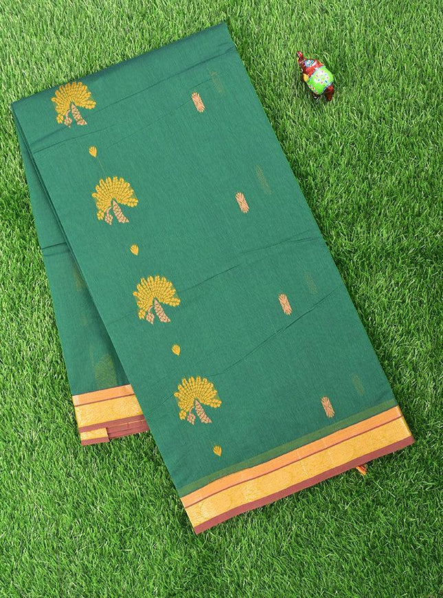 Coimbatore Cotton Dark Green Saree with Copper Zari and Thread Woven Buttas and Zari Border - {{ collection.title }} by Prashanti Sarees