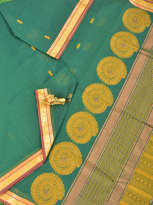 Coimbatore Cotton Dark Green Saree with Copper Zari and Thread Woven Buttas and Zari Border - {{ collection.title }} by Prashanti Sarees