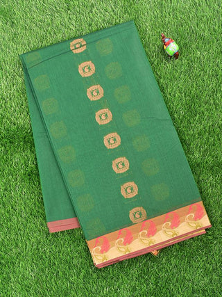 Coimbatore Cotton Dark Green Saree with Copper Zari Woven Buttas and Thread Woven Border