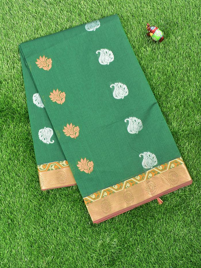 Coimbatore Cotton Dark Green Saree with Silver and Copper Zari Woven Buttas and Zari Woven Border - {{ collection.title }} by Prashanti Sarees