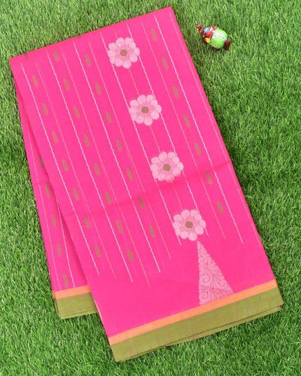 Coimbatore Cotton Dark Pink Saree with Copper and Silver Zari Woven Buttas and Simple Border - {{ collection.title }} by Prashanti Sarees