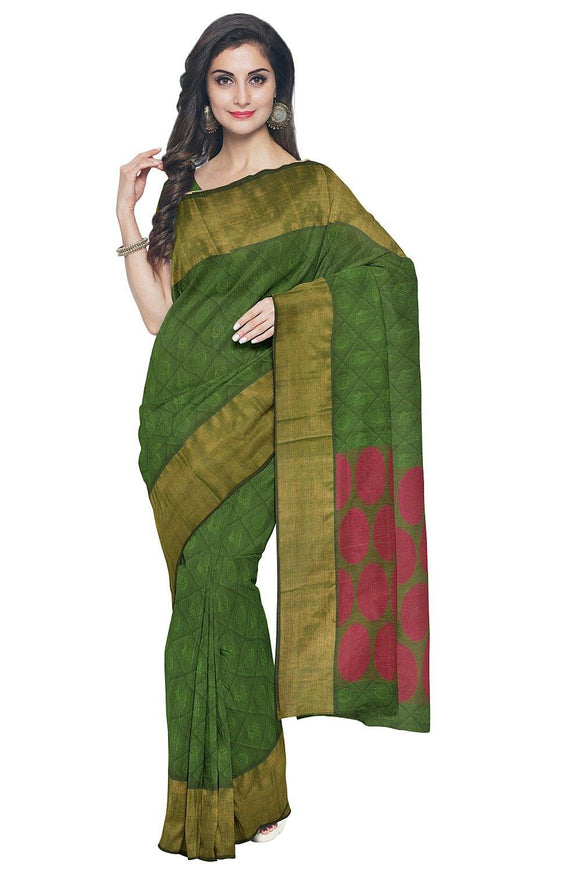 Coimbatore Cotton Fancy Emboss Saree - Dark Green - {{ collection.title }} by Prashanti Sarees