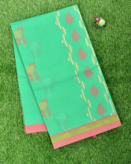 Coimbatore Cotton Green Saree with Copper and Silver Zari Woven Buttas and Simple Zari Border - {{ collection.title }} by Prashanti Sarees