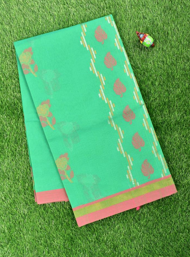 Coimbatore Cotton Green Saree with Copper and Silver Zari Woven Buttas and Simple Zari Border - {{ collection.title }} by Prashanti Sarees