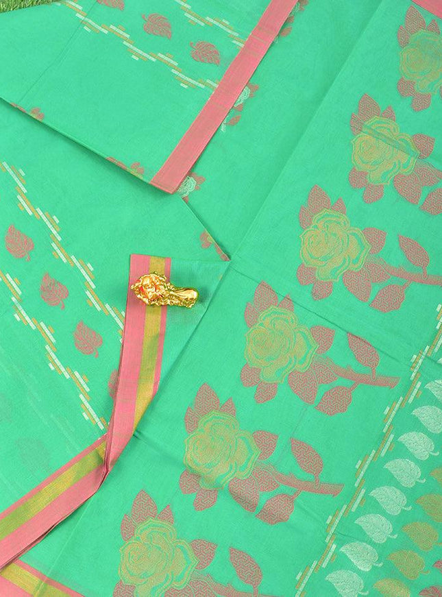 Coimbatore Cotton Green Saree with Copper and Silver Zari Woven Buttas and Simple Zari Border - {{ collection.title }} by Prashanti Sarees