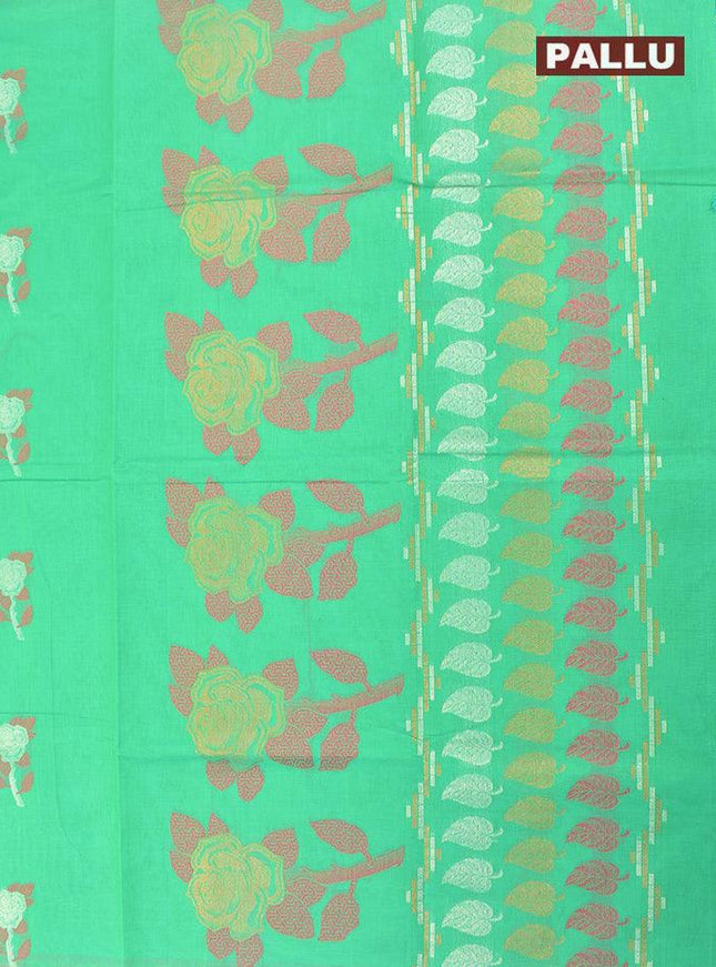 Coimbatore Cotton Green Saree with Copper and Silver Zari Woven Buttas and Simple Zari Border - {{ collection.title }} by Prashanti Sarees