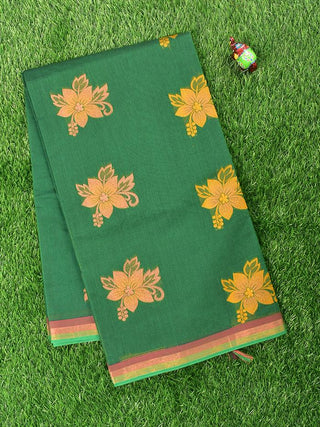 Coimbatore Cotton Green Saree with Copper Zari and Thread Woven Buttas and Simple Border