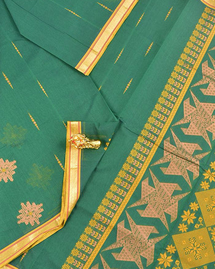 Coimbatore Cotton Green Saree with Copper Zari and Thread Woven Buttas and Simple Border - {{ collection.title }} by Prashanti Sarees