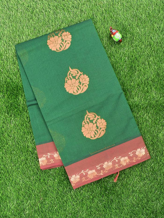 Borderless Green and Grey Coimbatore Cotton Saree, Vibrantly Designed with Buttas All Over Its Body, Complemented by Pallu of Floral-Geometric Designs, and Paired with a Matching Blouse main image 1