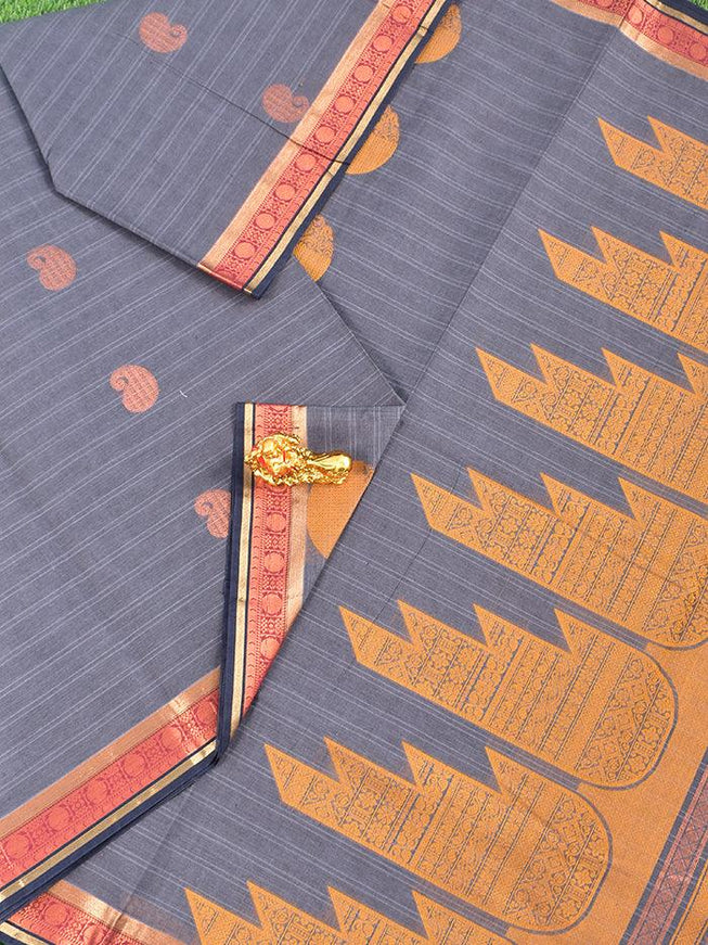 Coimbatore Cotton Grey Saree with Copper Zari and Thread Woven Buttas and Zari Border - {{ collection.title }} by Prashanti Sarees