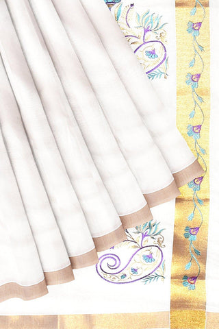 Coimbatore Cotton Kerala Kasavu Saree - Half White