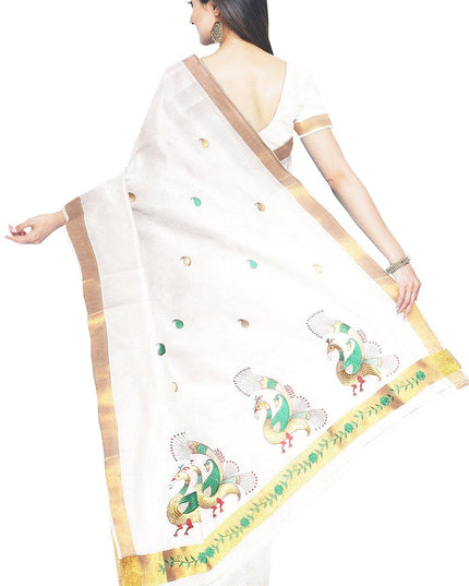 Coimbatore Cotton Kerala Kasavu Saree - Half White - {{ collection.title }} by Prashanti Sarees