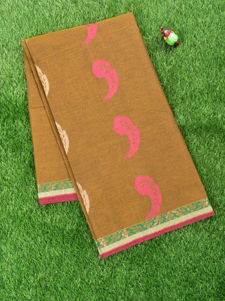 Coimbatore Cotton Khaki Saree with Thread Woven Buttas and Zari Woven Border