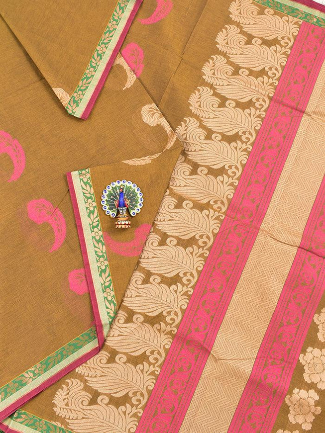 Coimbatore Cotton Khaki Saree with Thread Woven Buttas and Zari Woven Border - {{ collection.title }} by Prashanti Sarees