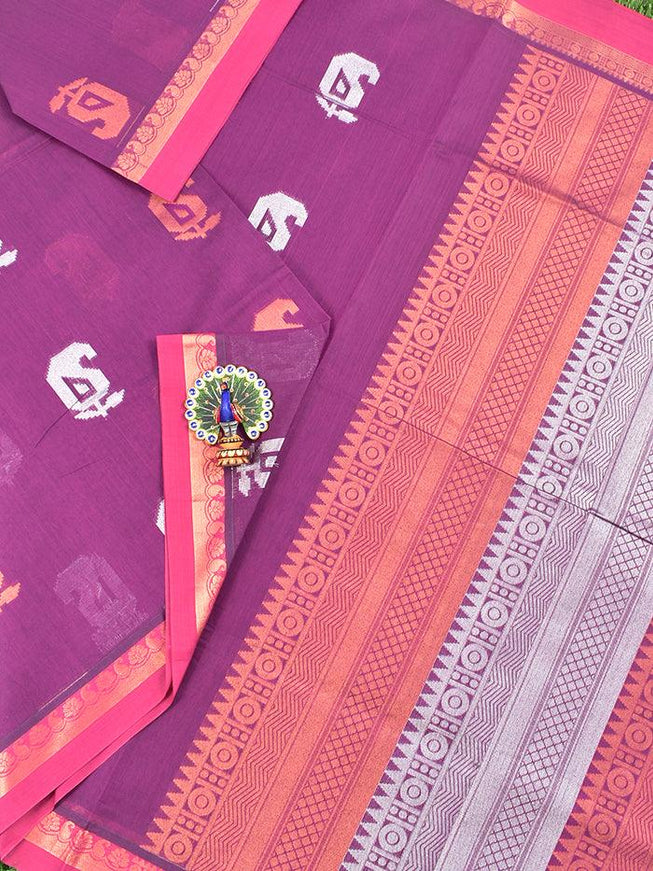 Coimbatore Cotton Magenta Saree with Copper and Silver Zari Woven Buttas and Zari Woven Border - {{ collection.title }} by Prashanti Sarees