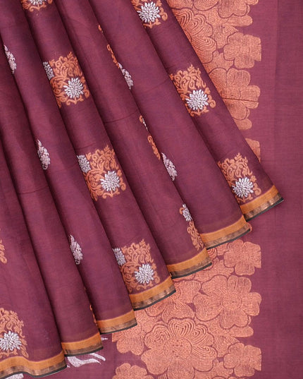 Coimbatore Cotton Maroon Color Saree with Copper and Silver Zari Woven Buttas - {{ collection.title }} by Prashanti Sarees