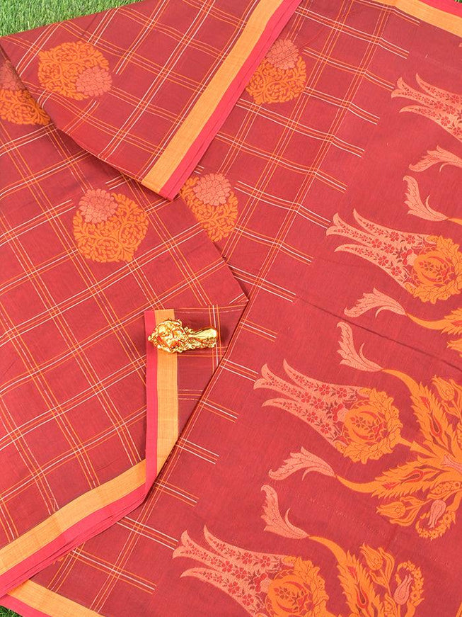 Coimbatore Cotton Maroon Saree with Copper Zari and Thread Woven Buttas and Simple Border - {{ collection.title }} by Prashanti Sarees