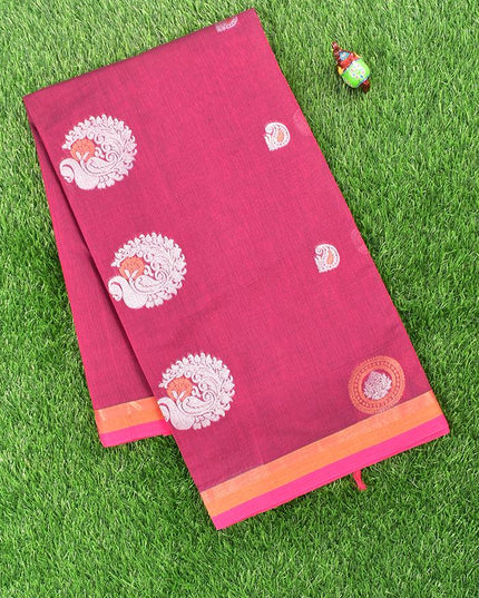 Coimbatore Cotton Maroon Saree with Silver and Copper Zari Woven Buttas and Simple Border - {{ collection.title }} by Prashanti Sarees
