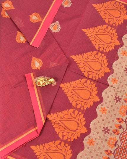 Coimbatore Cotton Maroon Saree with Thread Woven Buttas and Simple Border - {{ collection.title }} by Prashanti Sarees