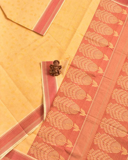 Coimbatore Cotton Mustard Yellow Emboss Saree with Thread Woven Border - {{ collection.title }} by Prashanti Sarees