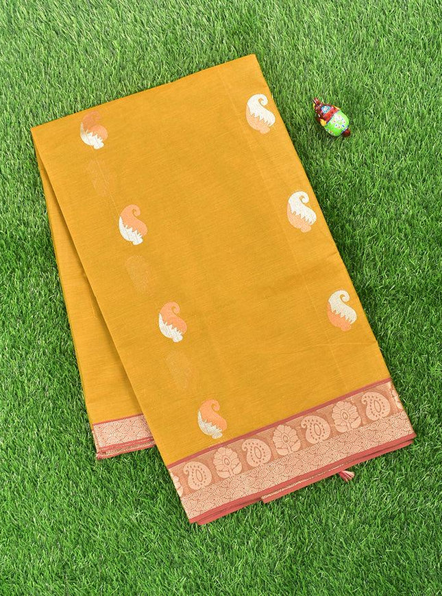 Coimbatore Cotton Mustard Yellow Saree with Copper and Silver Zari Woven Buttas and Thread Woven Border - {{ collection.title }} by Prashanti Sarees