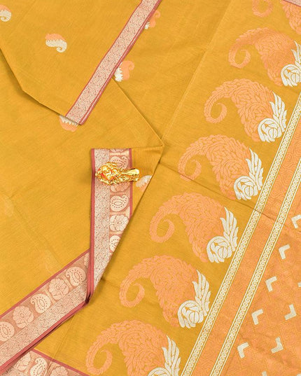 Coimbatore Cotton Mustard Yellow Saree with Copper and Silver Zari Woven Buttas and Thread Woven Border - {{ collection.title }} by Prashanti Sarees