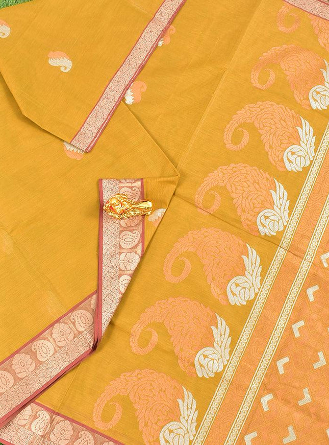 Coimbatore Cotton Mustard Yellow Saree with Copper and Silver Zari Woven Buttas and Thread Woven Border - {{ collection.title }} by Prashanti Sarees