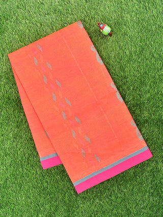 Coimbatore Cotton Orange Saree with Copper and Silver Zari Woven Buttas and Simple Border