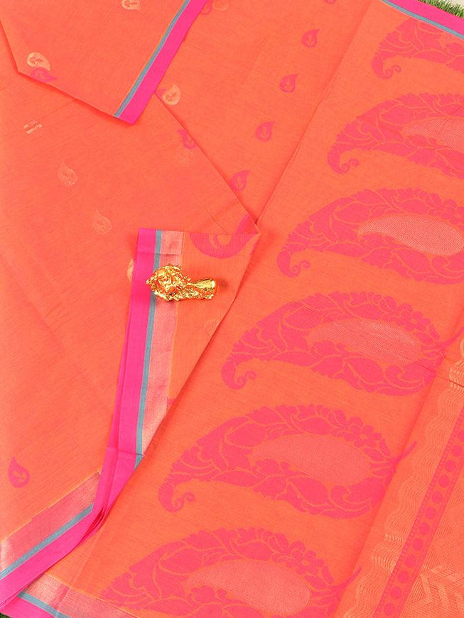 Coimbatore Cotton Orange Saree with Copper Zari and Thread Woven Buttas and Simple Border - {{ collection.title }} by Prashanti Sarees